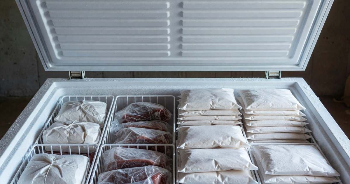 An open chest freezer neatly organised with wrapped meat portions in baskets and stacked flat freezer bags, illustrating stocking a freezer from Canadian meat sales.