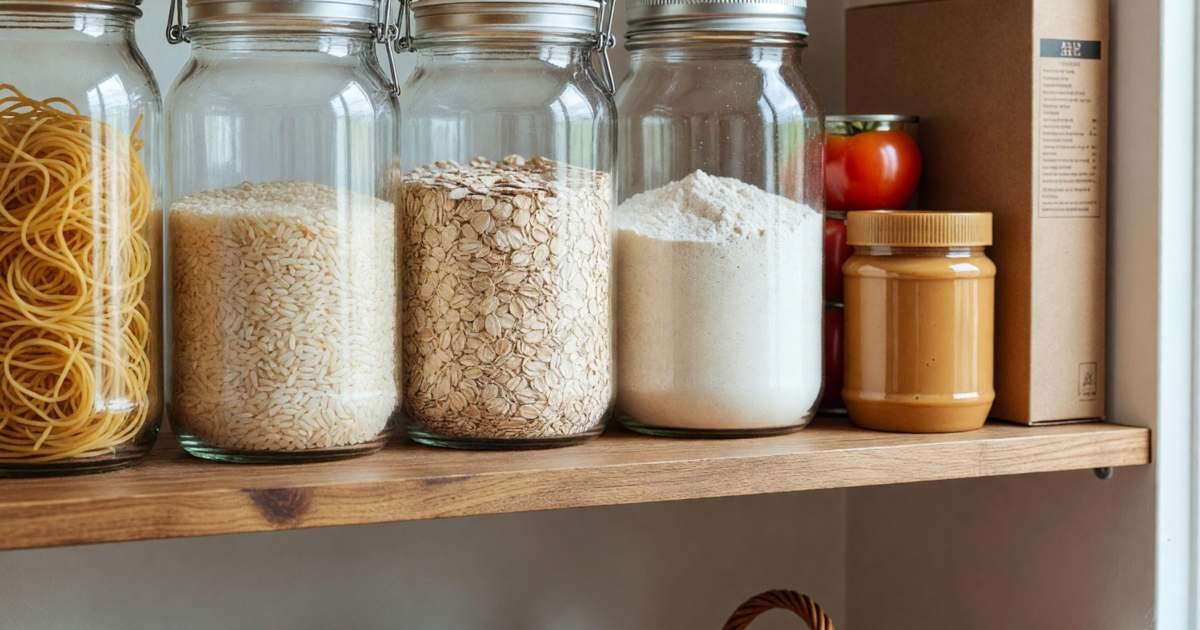 A tidy pantry shelf with plain jars of pasta, rice, oats, flour, canned tomatoes, peanut butter and cereal in simple packages, illustrating switching pantry staples to Canadian store brands.