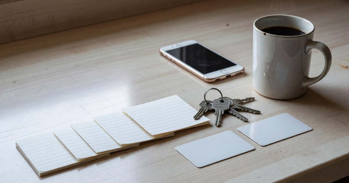 A kitchen counter with a short checklist-style row of blank index cards, a set of keys, two blank bank cards and a phone face down, illustrating switching banks in Canada without missing a bill.