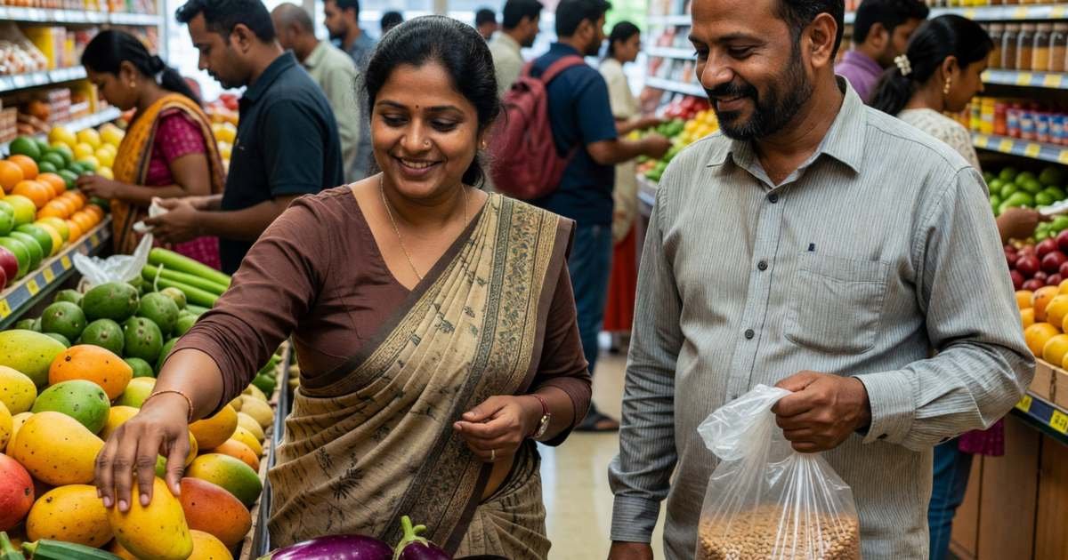 A family shopping in a bustling international grocery store, the mother picking mangoes while the father holds a bag of lentils, illustrating using ethnic grocers in Canada to cut produce and staple costs.