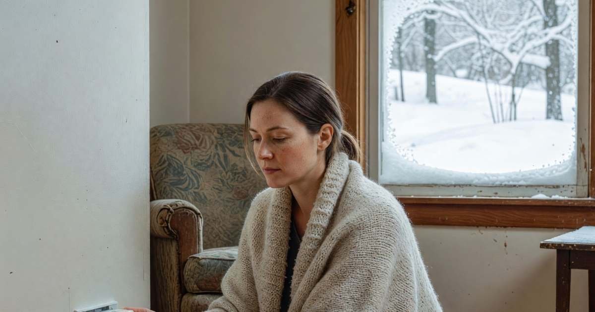A woman adjusting a baseboard thermostat in a snug living room in winter, illustrating lowering a Hydro-Québec Rate D bill.