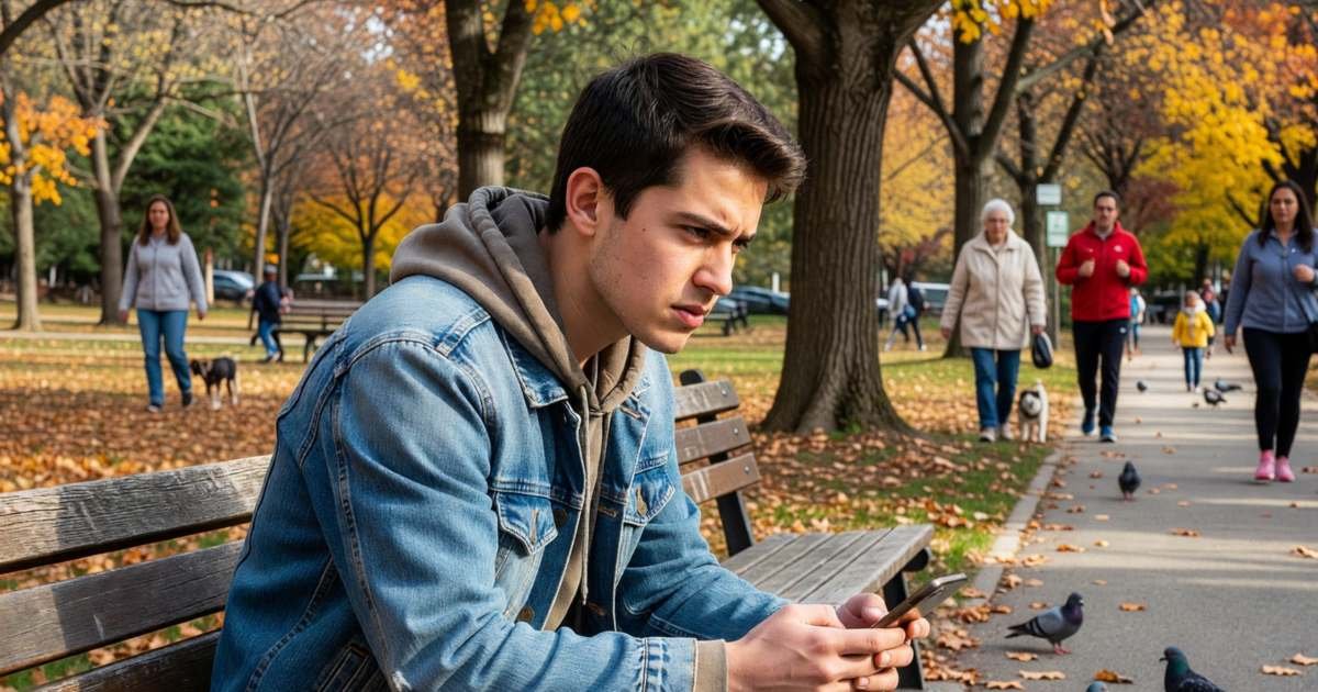 A young man on a park bench looking at his phone with a frustrated expression, illustrating what to do when iCloud storage is full.