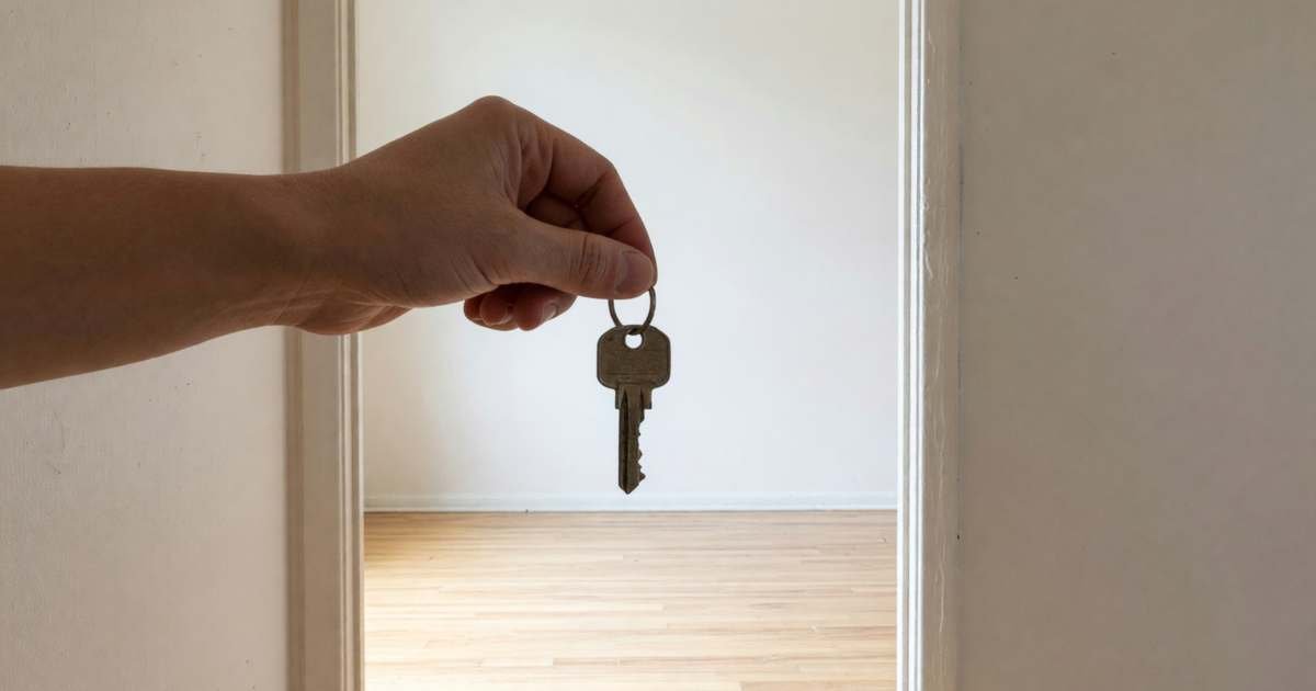 A hand holding out a single key on a plain ring in an empty apartment doorway, illustrating key money and rental application fees in Canadian provinces.