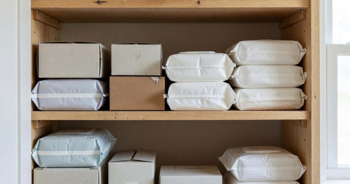 A neatly organised bathroom cupboard with plain packages of adult incontinence products and wipes, illustrating incontinence product costs in Canada.