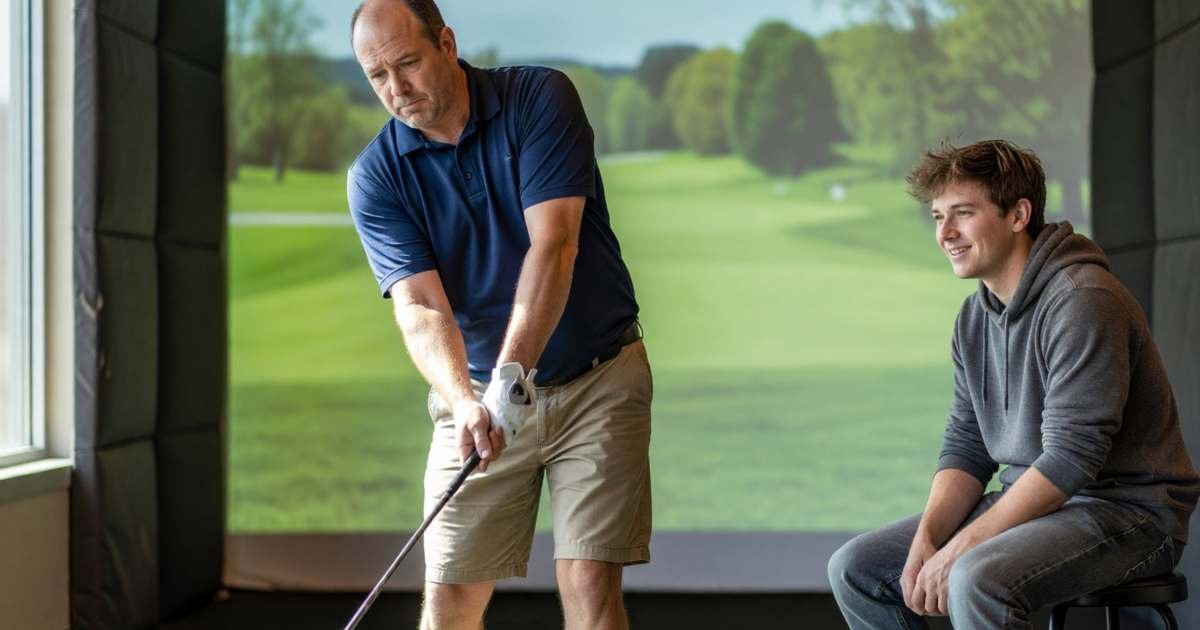 A man mid-swing hitting a golf ball into a large indoor simulator screen showing a blurry green fairway, illustrating indoor golf simulator costs in Canada in winter.