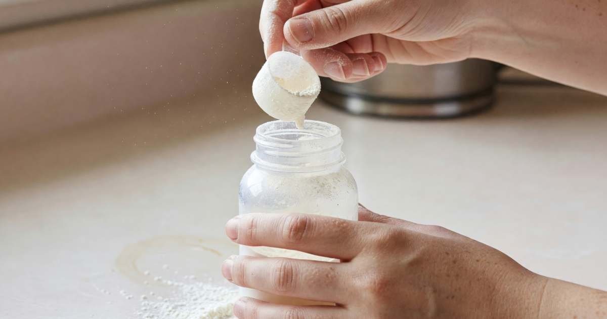 Hands measuring formula powder with a scoop into a baby bottle on a kitchen counter, illustrating infant formula costs in Canada.