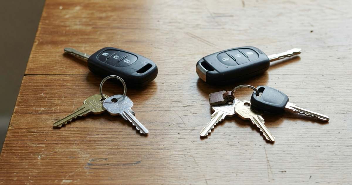 Two sets of keys and two car fobs on a table, one pushed to each side, illustrating insurance after separation or divorce in Canada.