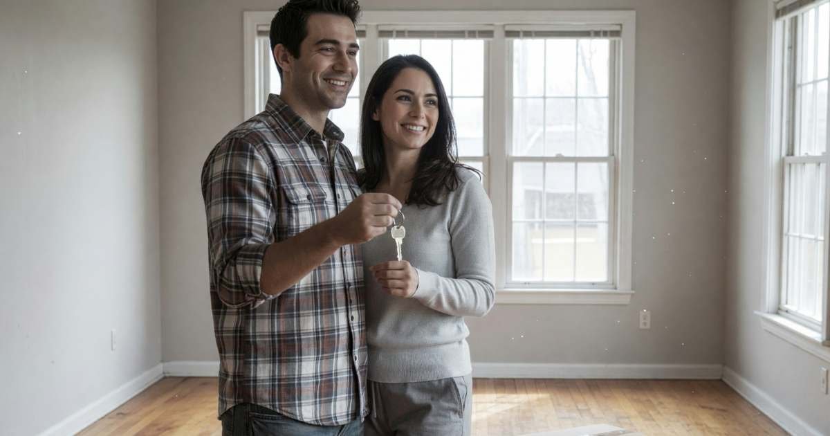 A couple standing in the empty living room of their new house holding the keys, smiling, illustrating insurance checklist for a new home purchase in Canada.