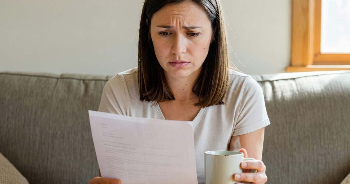 A woman sitting on a sofa reading a plain letter with a frown, a mug in her other hand, illustrating appealing a denied insurance claim in Canada.