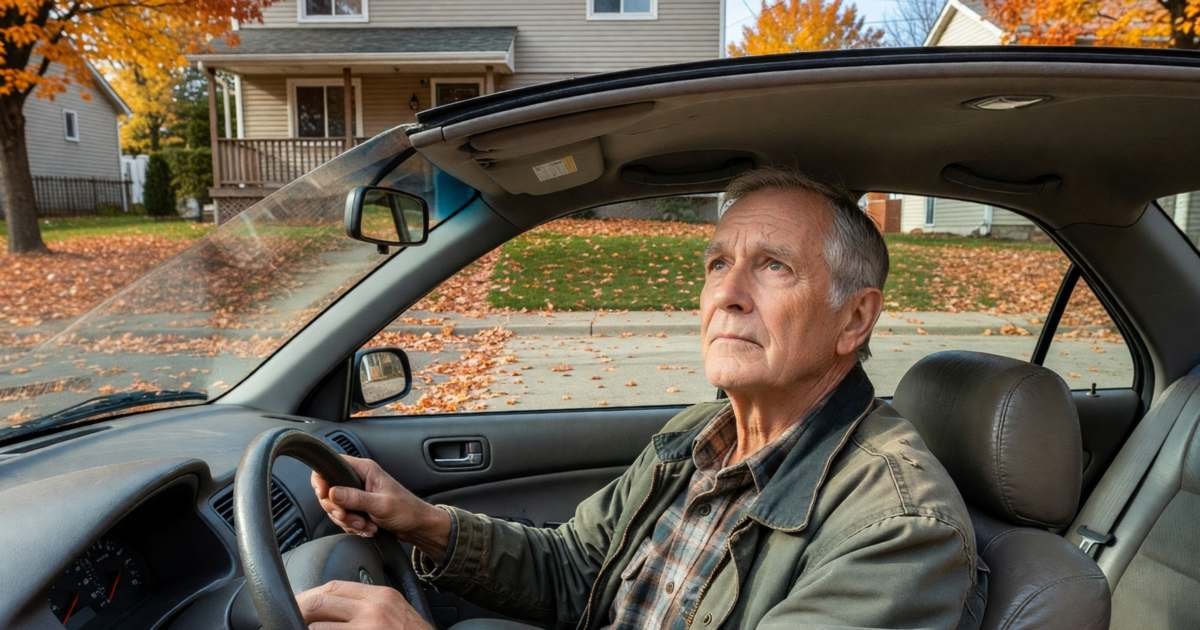 An older man sitting in his car in his driveway, looking thoughtful with both hands on the wheel, illustrating insurance loyalty discounts and when switching saves.