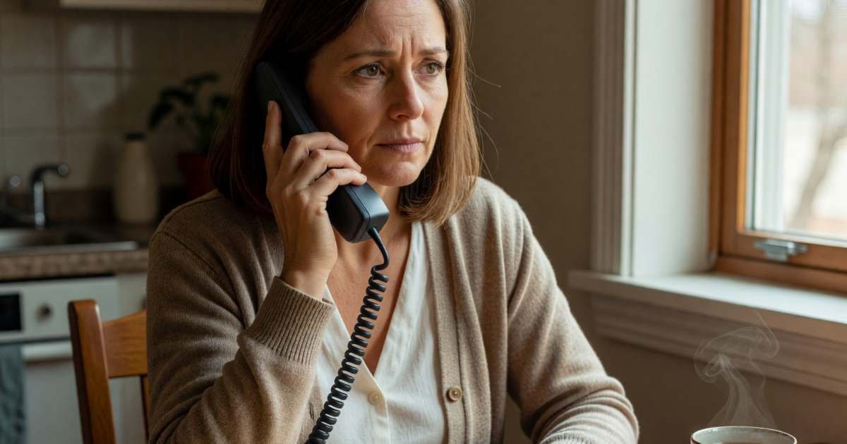 A woman at her kitchen table on the phone with an insurance agent, a calculator and a closed folder in front of her, illustrating comparing insurance quotes apples to apples.