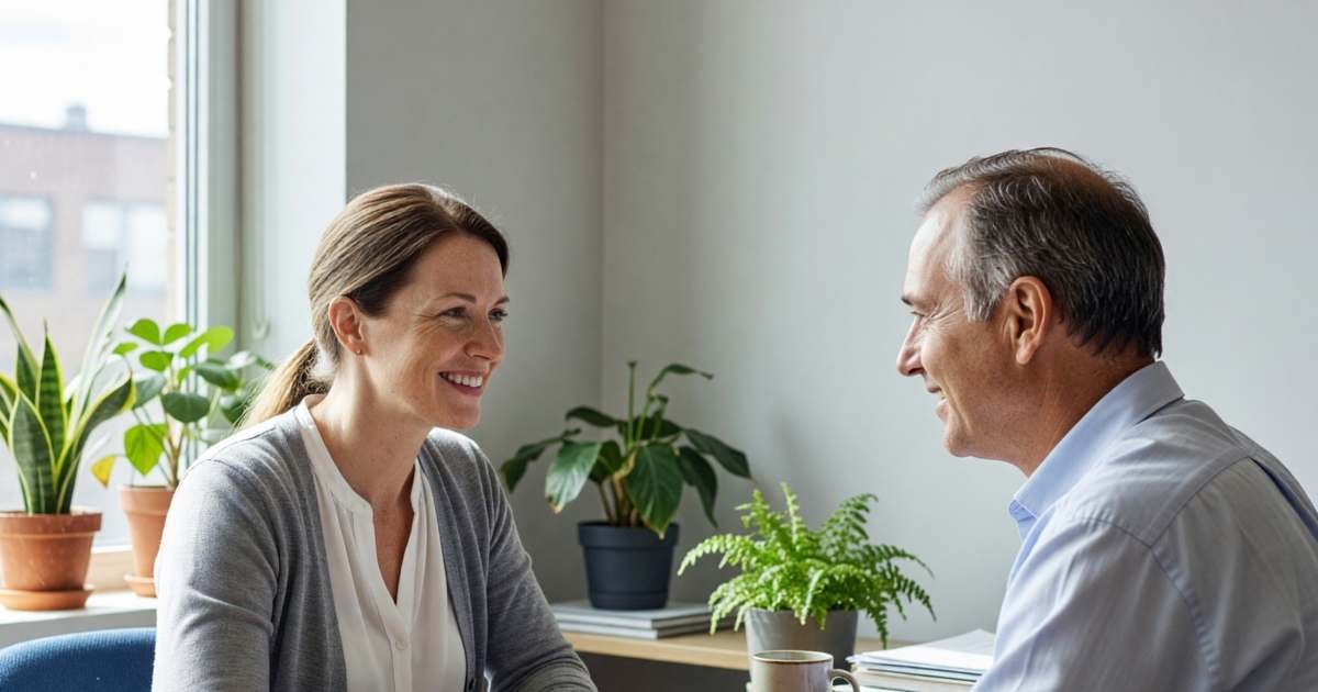 A woman talking with an insurance broker across a small office desk, both smiling, illustrating insurance renewal negotiation with a broker or insurer.