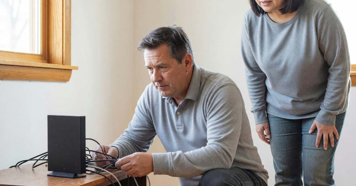 An installer connecting a modem behind a TV stand while the homeowner watches, illustrating activation and modification fees banned in June 2026.
