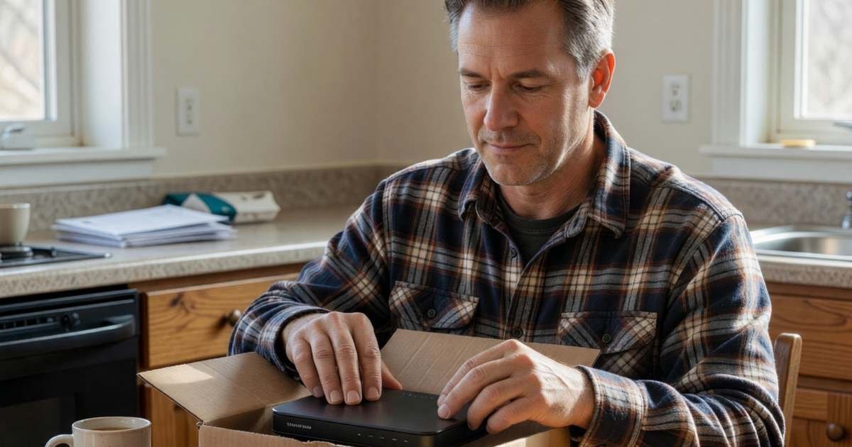 A man calmly packing a router into its box at his kitchen table, about to switch providers, illustrating internet early termination fees after the 2026 CRTC decision.