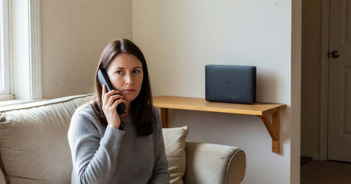A woman sitting on her sofa on the phone with her internet provider, calm and firm, a home Wi-Fi router with small green lights on the shelf beside her, illustrating what to do in the 7 days after an internet promo expires in Canada.