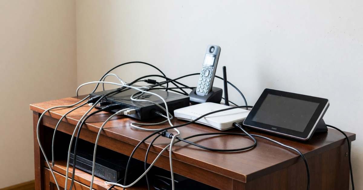 A TV stand with a cable box, a router and a home phone handset tangled with cables, illustrating whether internet, TV and phone bundles are worth it.