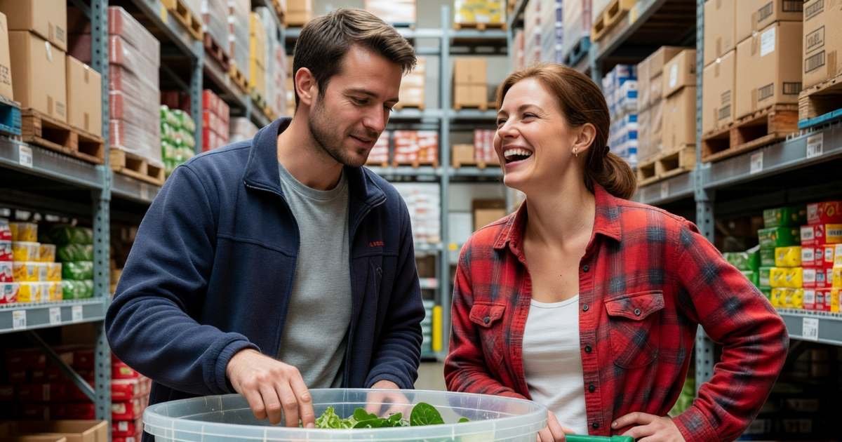 A couple in their thirties standing by a warehouse store cart debating over a giant tub of mixed greens, the woman laughing, illustrating whether Costco is worth it for couples in Canada.