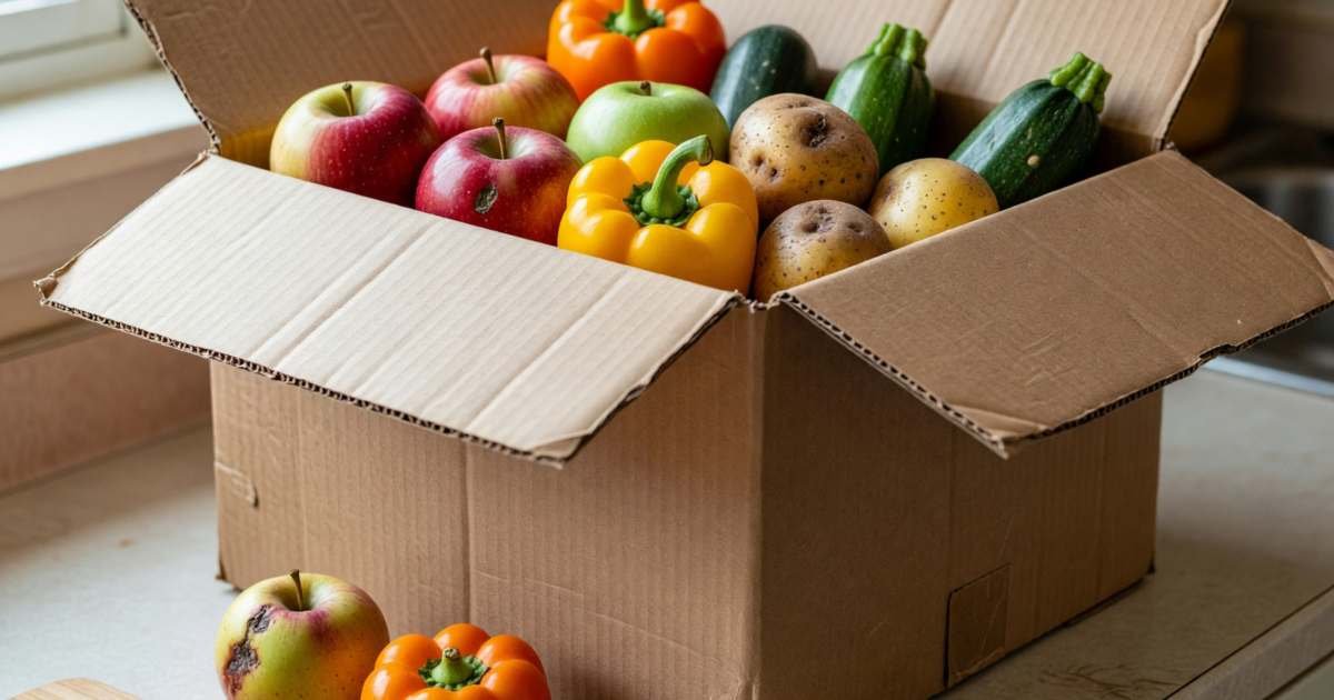 A discounted surplus produce box opened on a counter with apples, peppers, zucchini and potatoes, a couple of bruised pieces set aside, illustrating whether Flashfood is worth it after fees in Canada.