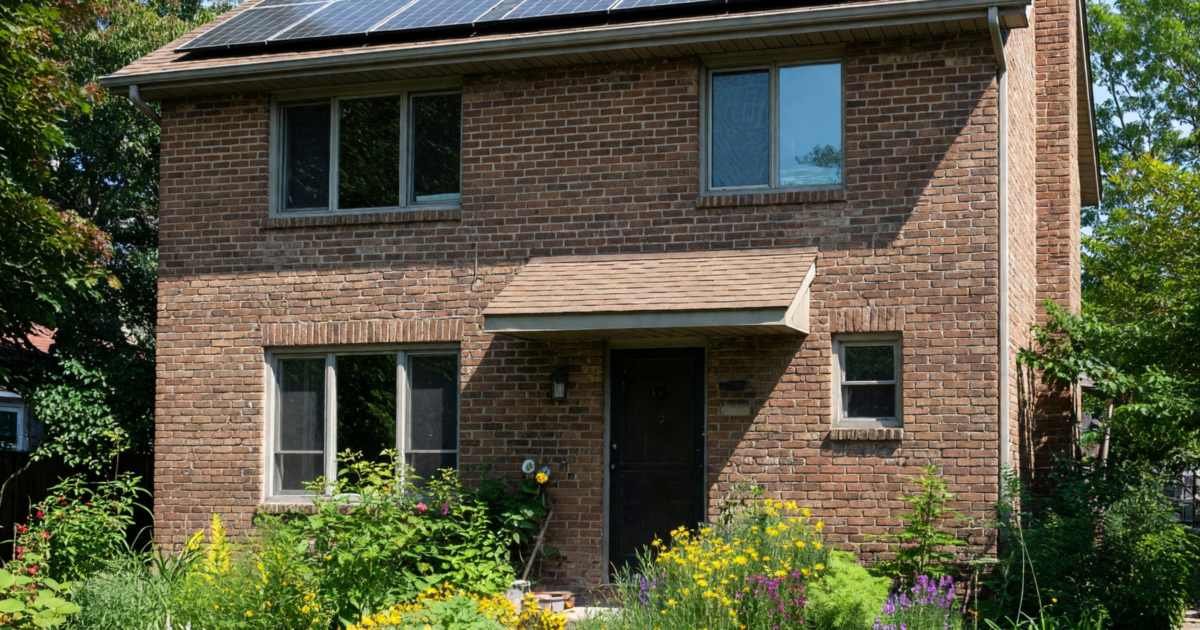A two-storey brick house with solar panels on a south-facing roof, illustrating whether home solar is worth it in Ontario in 2026.