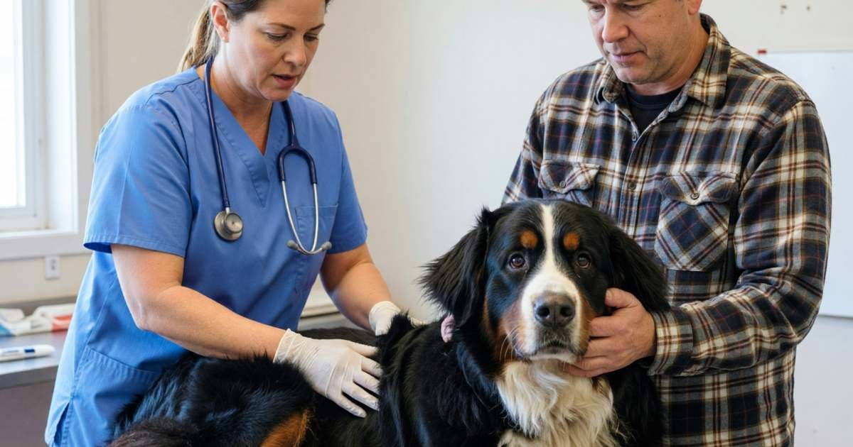 A vet examining a Bernese mountain dog on an exam table while the owner holds its head, illustrating whether pet insurance is worth it in Canada.