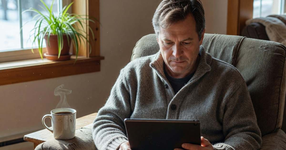 A man in a cardigan reading on a tablet in an armchair by the window with a mug of coffee, illustrating news and magazine subscriptions in Canada.