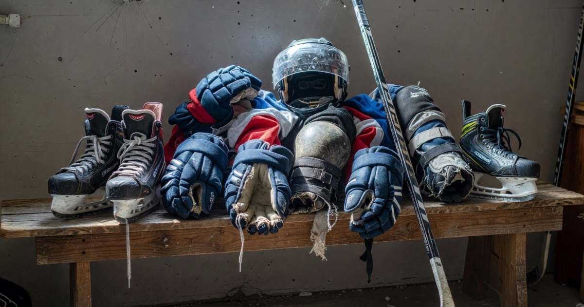 A pile of kids' hockey gear, skates and a stick drying in a garage, illustrating kids' activities without overspending.