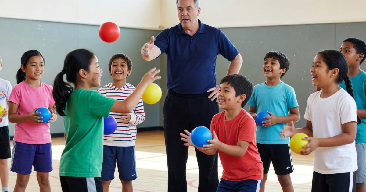 A group of children in a community centre gym class tossing balls, illustrating fee assistance for kids' activities.