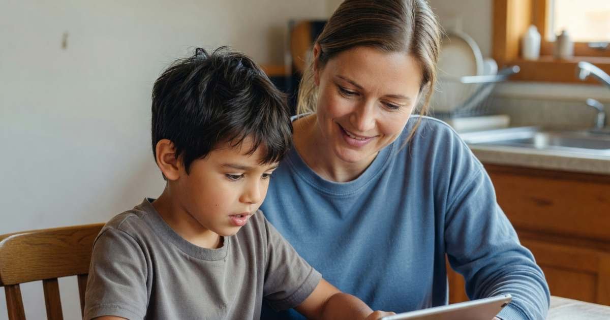 A mother sitting beside her young son as he plays on a tablet at the kitchen table, illustrating auditing kids' app subscriptions in Canada.