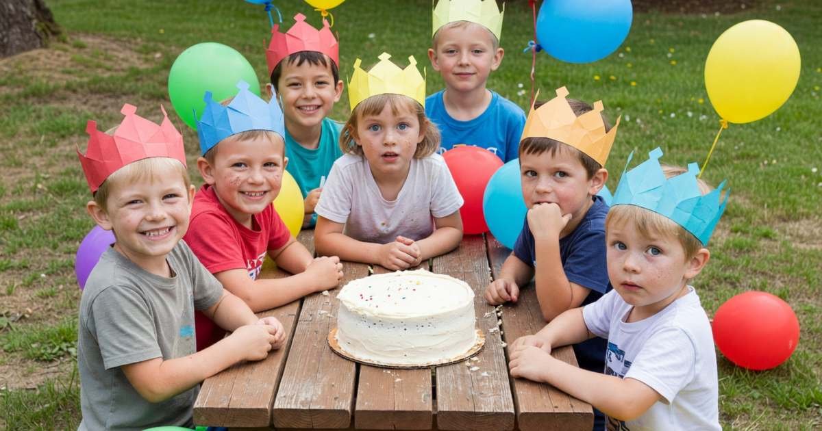 Kids at a backyard birthday party wearing paper crowns around a homemade cake, illustrating kids' birthday parties on a budget.