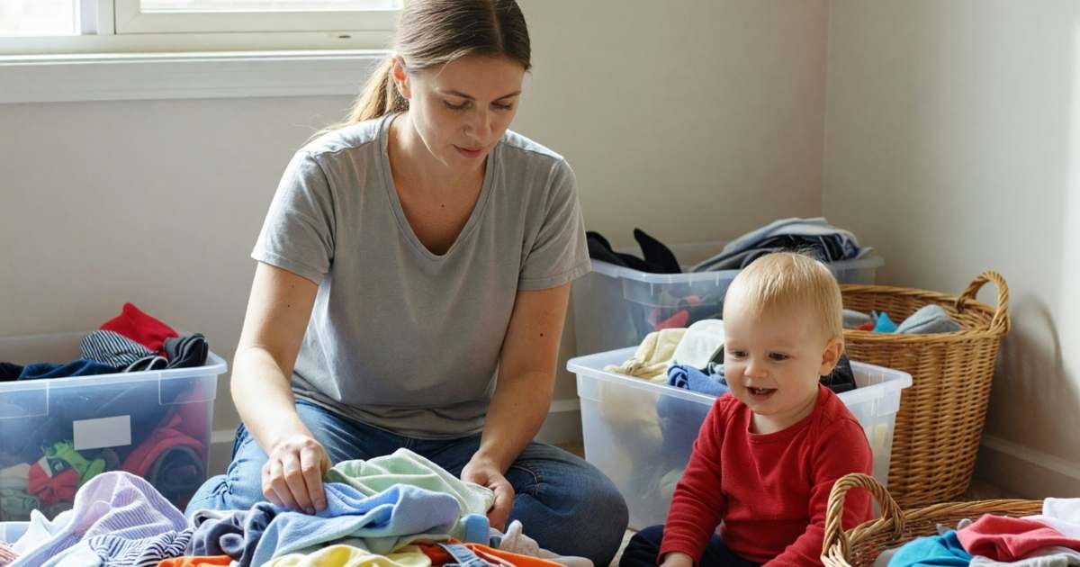 A mother sorting a pile of outgrown kids' clothes into bins on a living room floor while a toddler plays, illustrating kids' clothing on a budget in Canada.