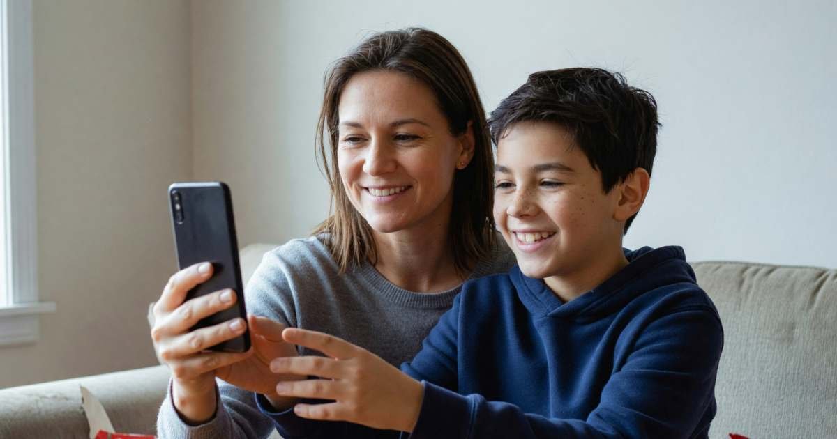 A mother handing her twelve-year-old son a smartphone with a dark screen, the boy grinning, illustrating giving a kid their first phone in Canada.