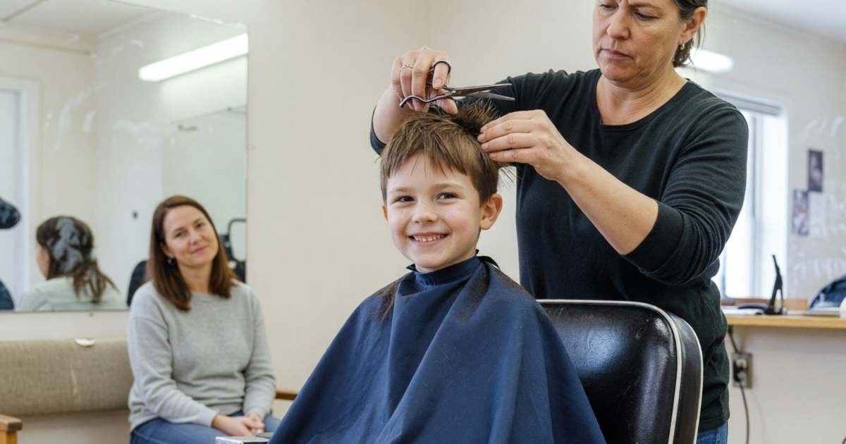 A smiling boy of about six sitting on a booster cushion in a regular barber chair with a cape around his neck while a hairdresser trims his hair with scissors, illustrating cheap kids' haircuts in Canada.