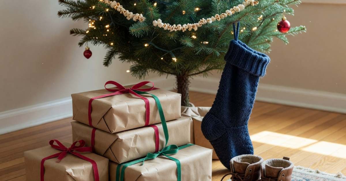 A small pile of wrapped gifts in plain paper with ribbons under a modestly decorated Christmas tree, a pair of child's winter boots and a knitted stocking nearby, illustrating kids' holiday gifts on a budget in Canada.