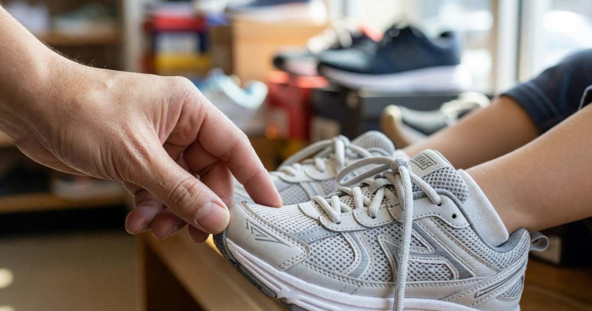 A parent's thumb pressing the toe of a child's new running shoe to check the fit, illustrating kids' shoes, fit and how often to buy.