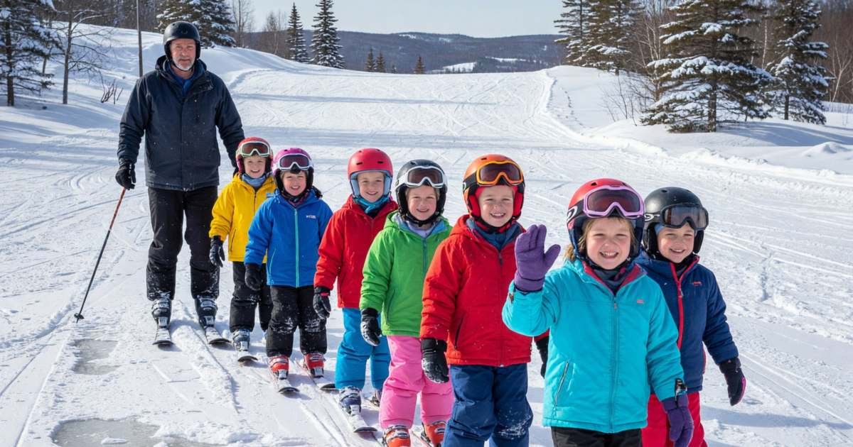 A ski instructor leading a line of young children on small skis down a gentle beginner slope, illustrating kids' skiing and snowboarding in Canada: passes, lessons and gear.
