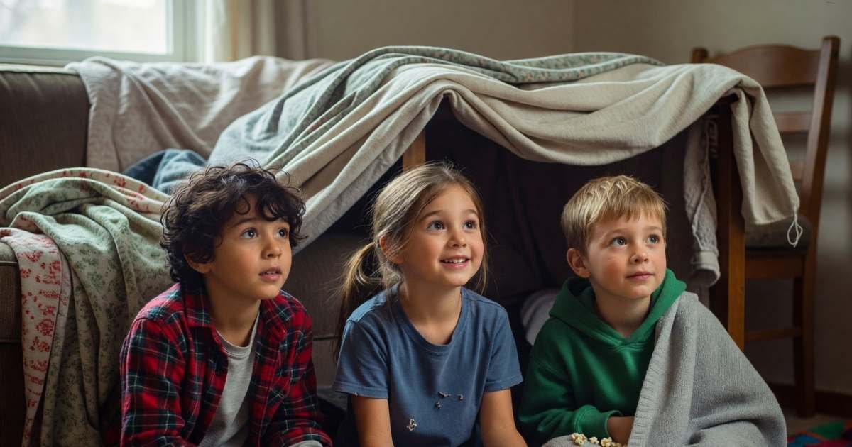 Three children sitting cross-legged on the floor watching a movie together with popcorn, illustrating kids' streaming and franchise windows.