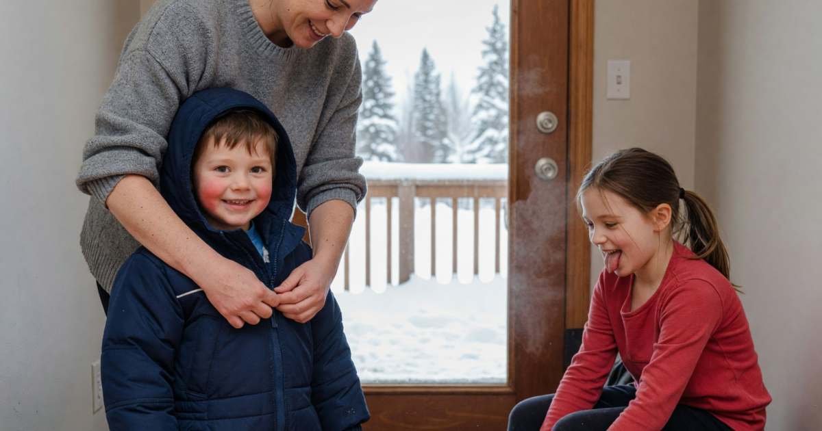 A mother zipping up her young son's snowsuit at the front door while his older sister pulls on hand-me-down snow boots, illustrating the cost of kids' winter gear in Canada.