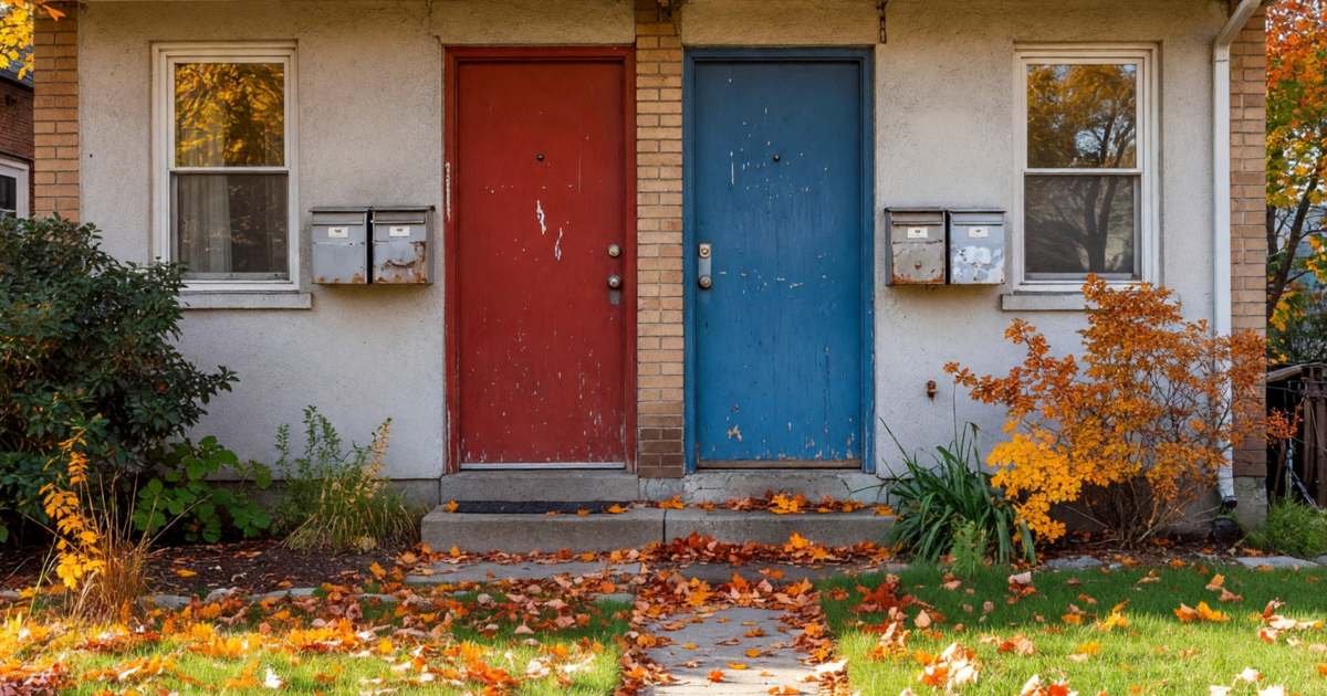 A duplex house with two separate front doors and two mailboxes, illustrating landlord insurance for rental properties in Canada.