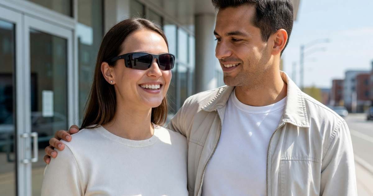 A woman in her thirties smiling after laser eye surgery, wearing protective sunglasses, with her partner, illustrating laser eye surgery costs in Canada.