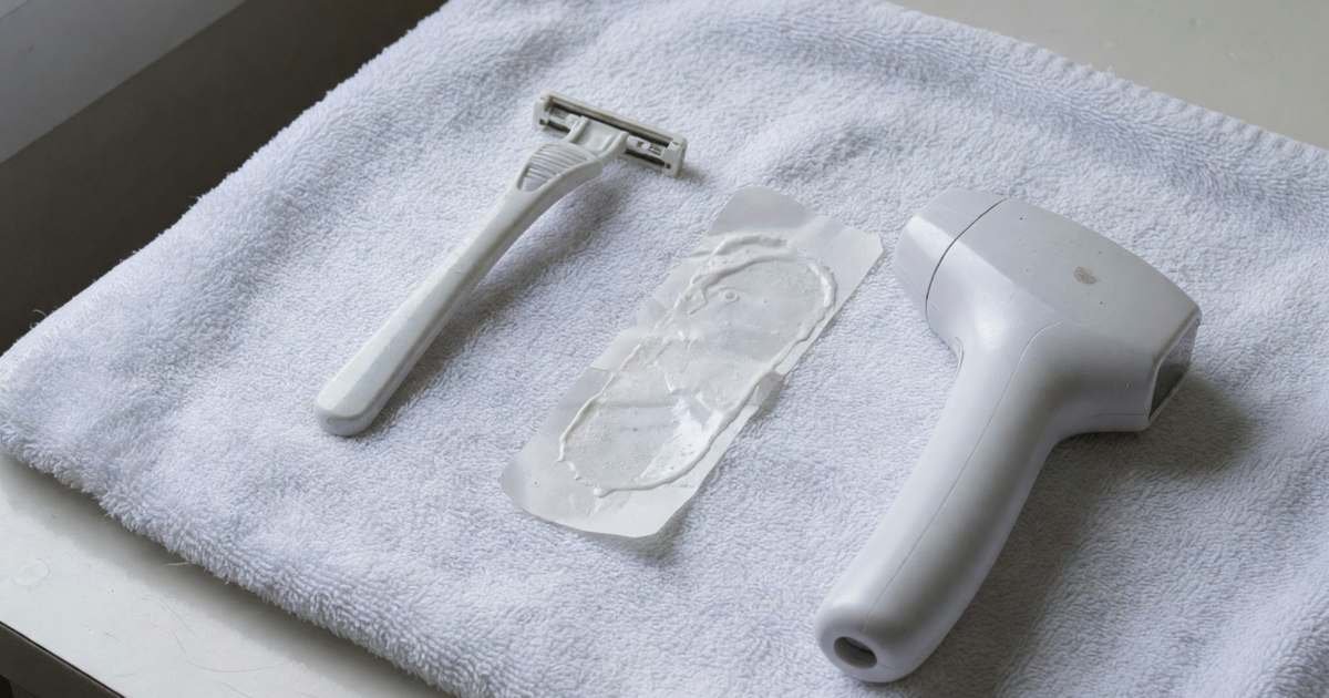 A razor, a wax strip and a small laser hair removal handset laid out on a white towel, illustrating laser hair removal versus waxing versus shaving lifetime cost.