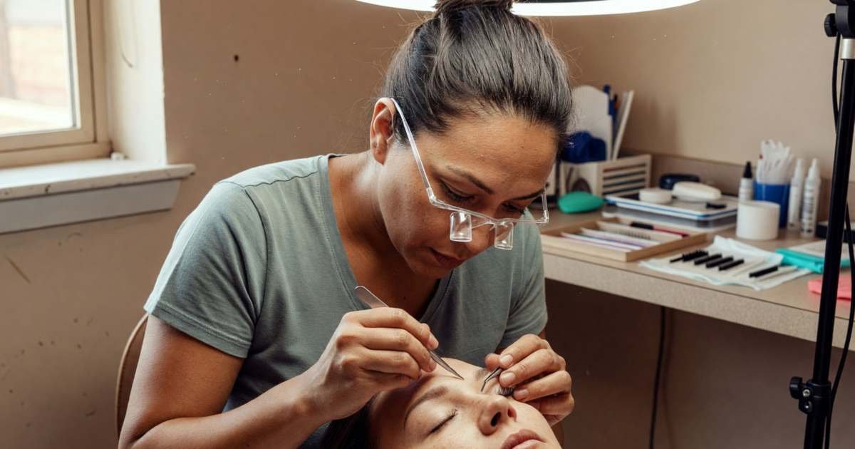 A lash technician applying lash extensions to a woman lying back with eyes closed, illustrating lash extension and brow service costs.