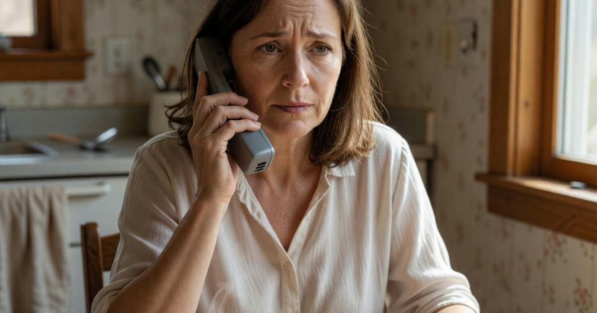 A woman in her fifties on the phone at her kitchen table, looking worried but hopeful, illustrating Ontario LEAP and utility emergency assistance.