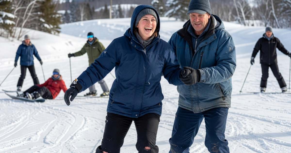 An adult beginner snowboarder in her thirties wobbling and laughing as an instructor holds her hands on a gentle slope, illustrating learning to ski or snowboard as an adult in Canada.