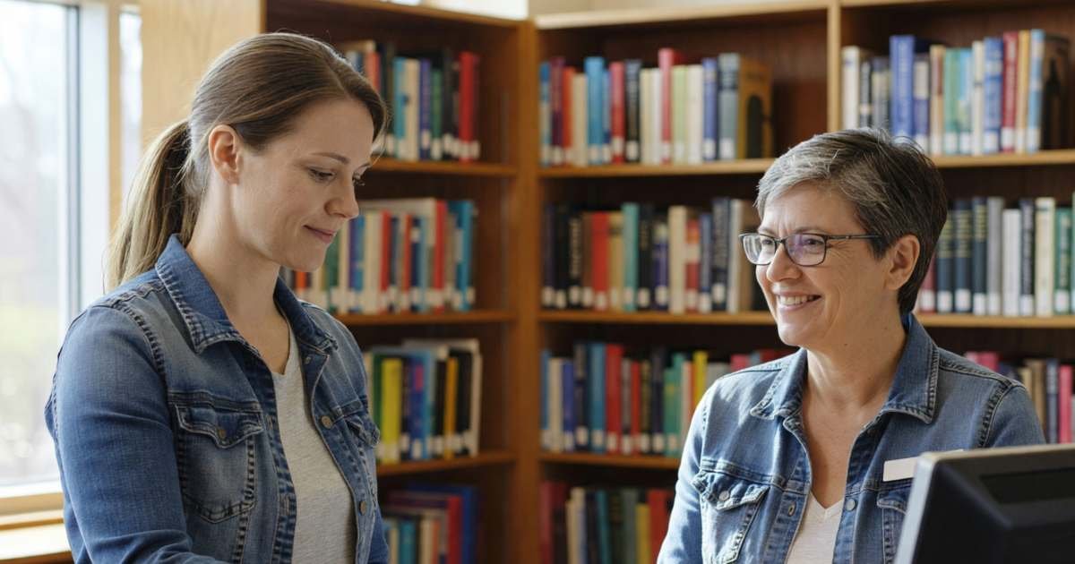 A woman checking out books at a public library desk while a librarian smiles, illustrating replacing paid media with a Canadian library card.