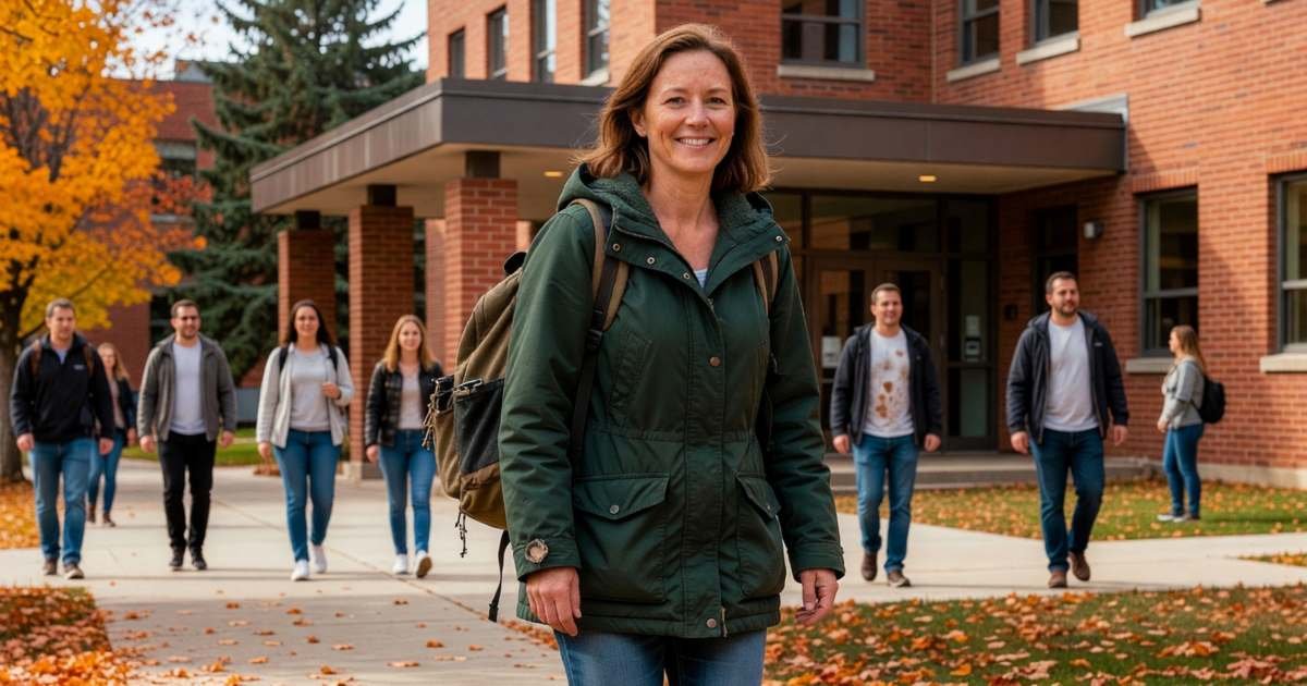A woman in her forties walking into a college building with a backpack, smiling, illustrating the Lifelong Learning Plan, using your RRSP for school.