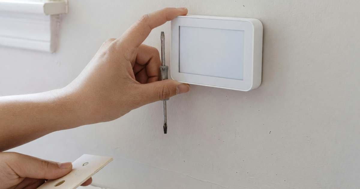 A hand installing a plain white smart thermostat on the wall above a baseboard heater, illustrating line-voltage smart thermostats for baseboard heat.