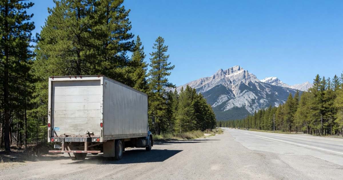 A loaded moving truck parked at a highway rest stop with mountains in the distance, illustrating long-distance moves across Canada.