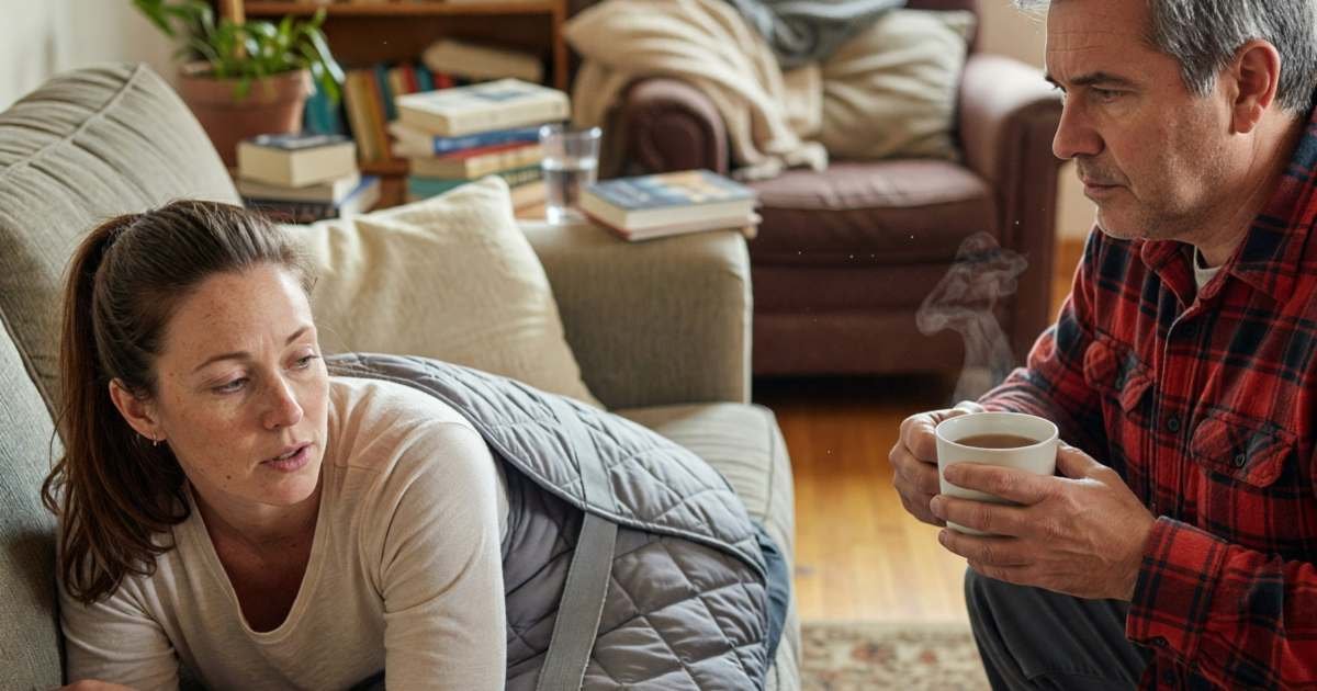 A woman in her forties resting on her sofa with a heating pad on her back, her partner bringing tea, illustrating preparing a long-term disability claim in Canada.