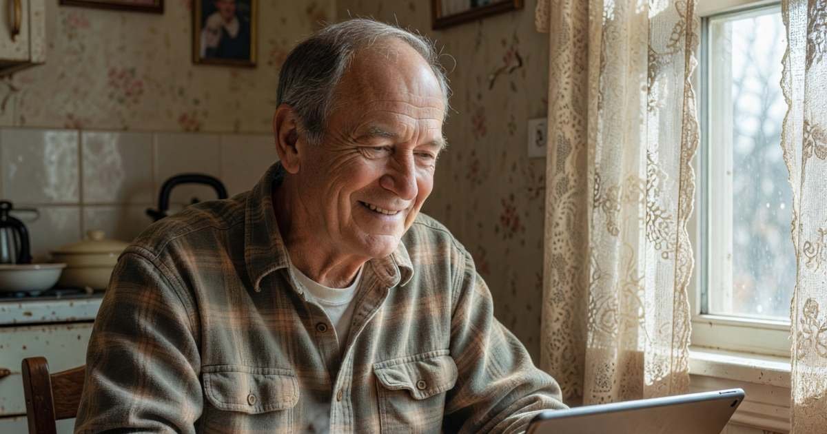An older man video calling his grandchildren on a tablet at his kitchen table, smiling, illustrating low-cost internet for Canadian seniors on GIS.