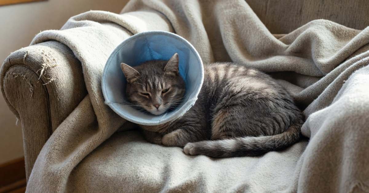 A sleepy cat in a soft cone recovering on a blanket after surgery, illustrating low-cost spay and neuter clinics in Canada.